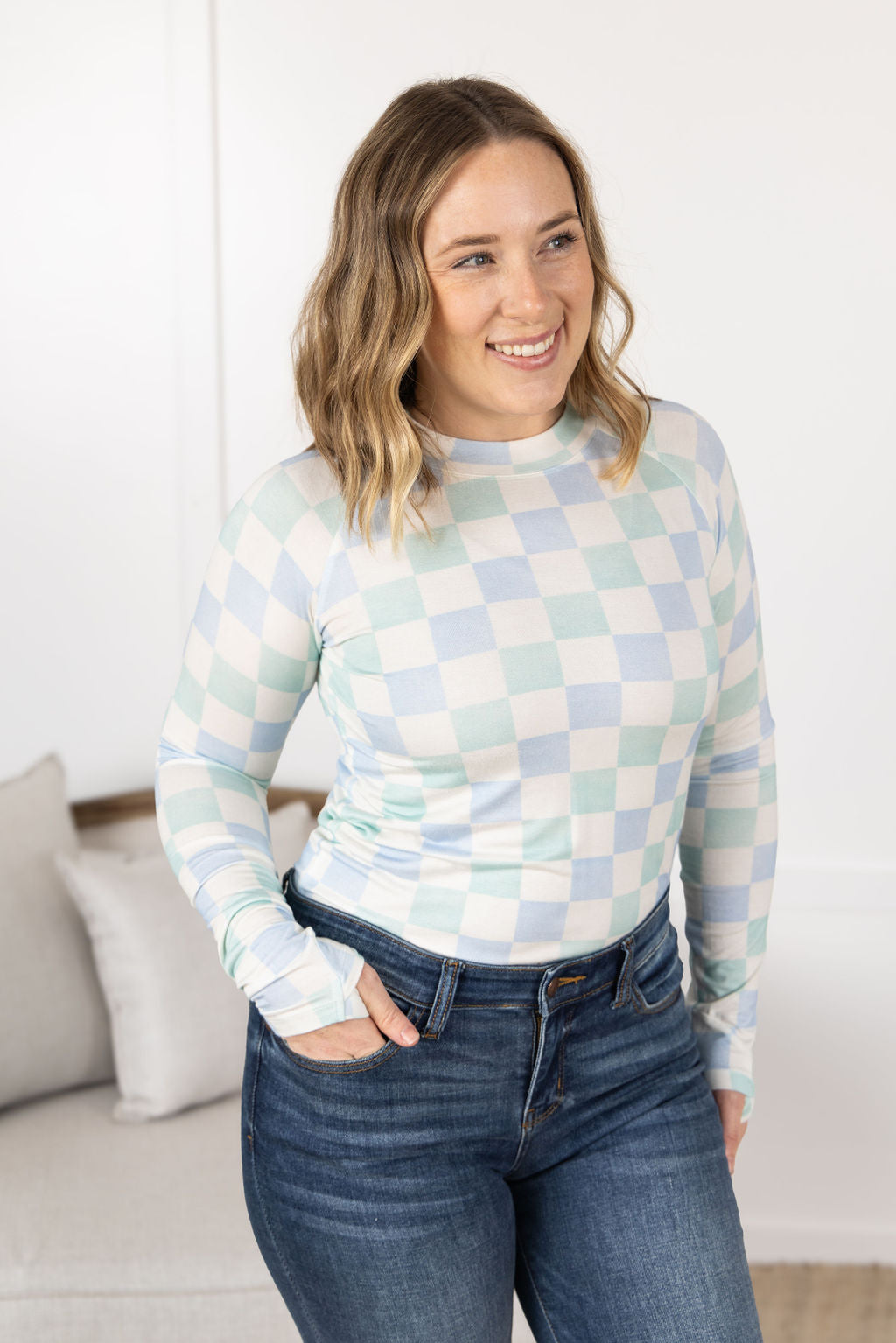 Michelle Mae Blair Long Sleeve Top - Blue and Mint Checker MM EXCLUSIVE