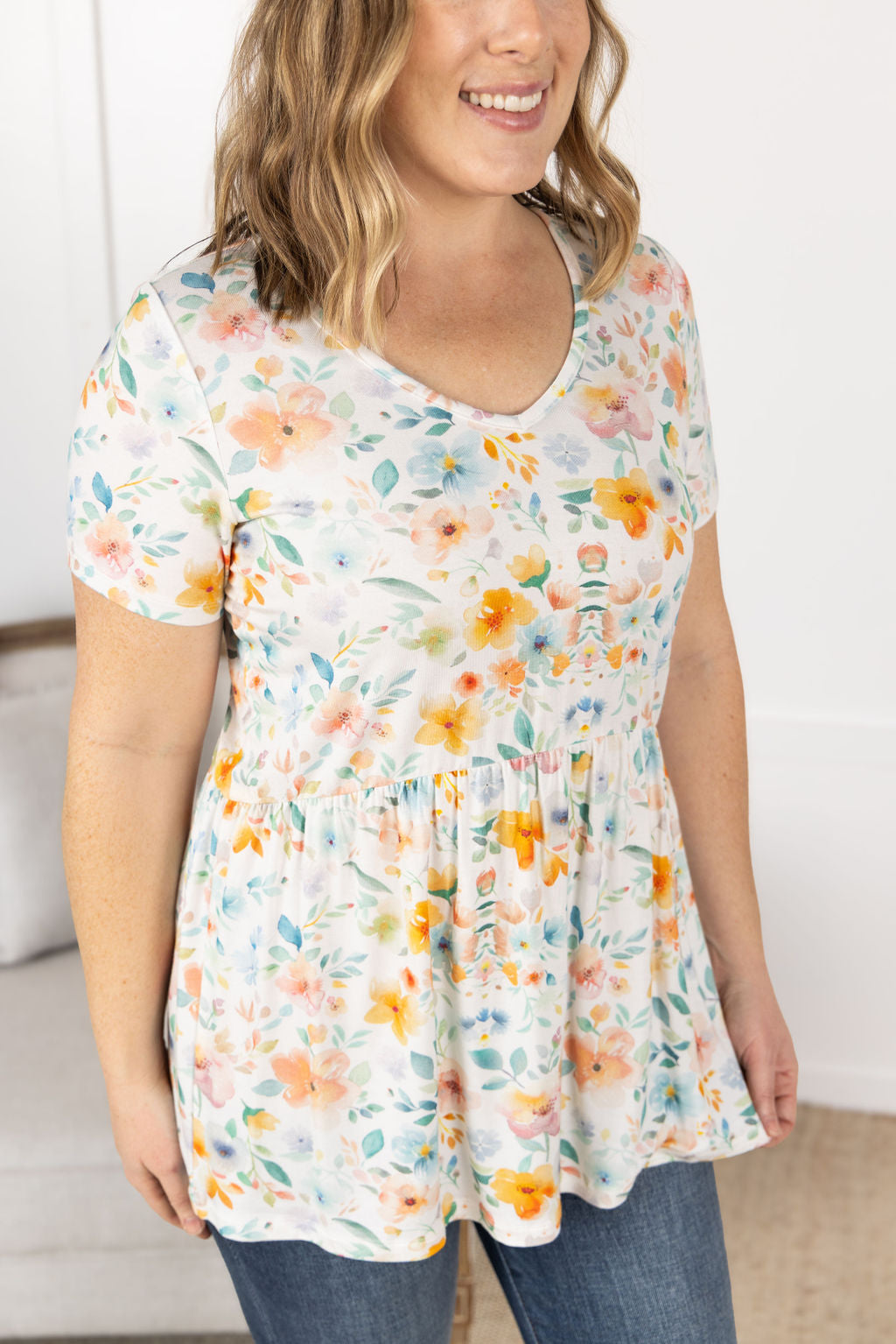 Michelle Mae Sarah Ruffle Short Sleeve - Watercolor Floral