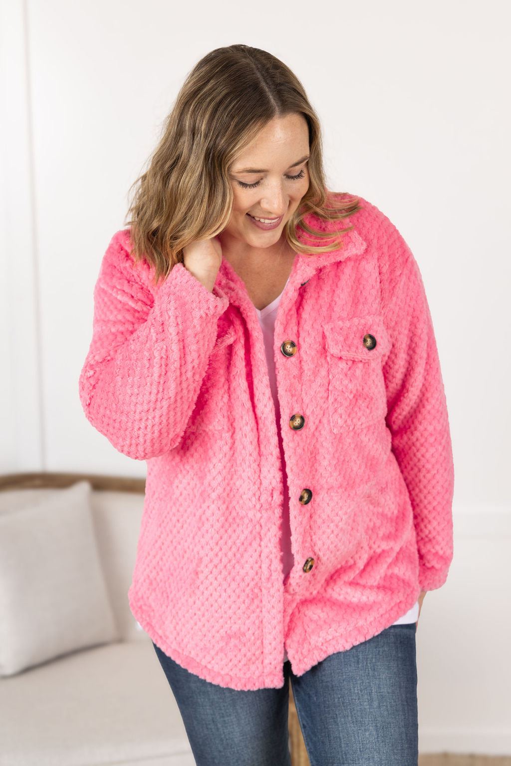 Michelle Mae Fleece Shacket - Pink