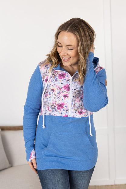 Michelle Mae HalfZip Hoodie - Pink and Periwinkle Abstract Floral and Blue