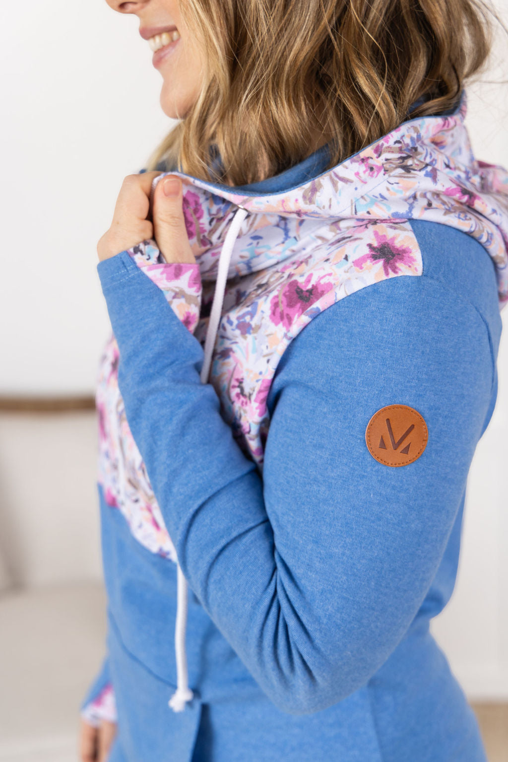 Michelle Mae HalfZip Hoodie - Pink and Periwinkle Abstract Floral and Blue