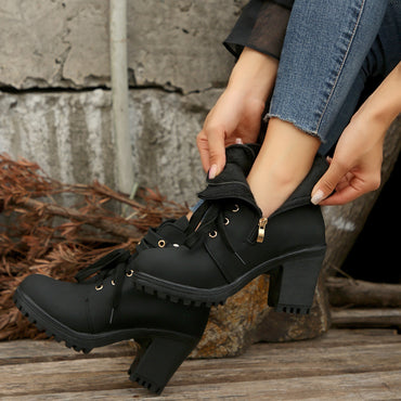 PREORDER- PU Leather Round Toe Block Heel Boots