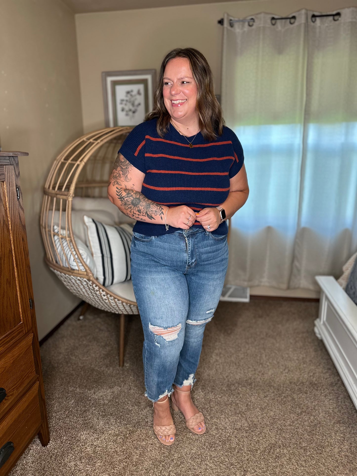 Michelle Mae Striped Sweater Top - Navy