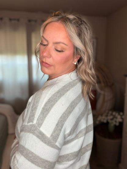 Michelle Mae Cozy Stripe Sweater - Grey and White