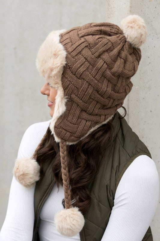 Cable Weave Pom Trapper Hat