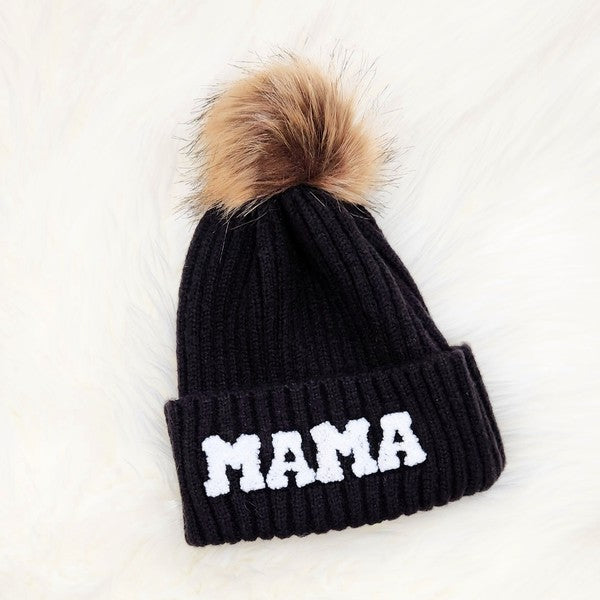 Mama Faux Fur Pom Beanie Cap