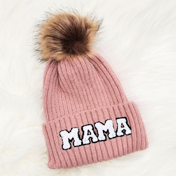 Mama Faux Fur Pom Beanie Cap