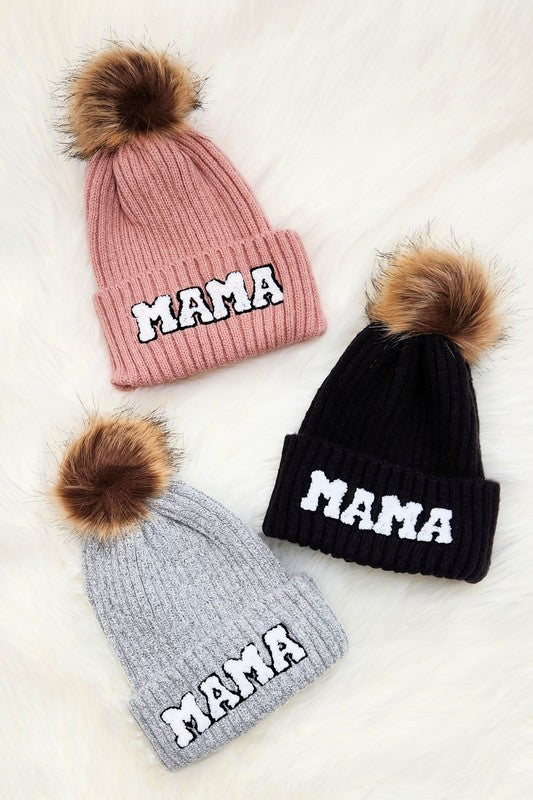 Mama Faux Fur Pom Beanie Cap