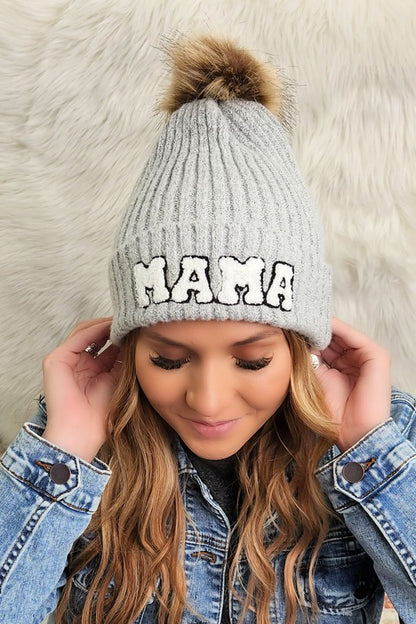 Mama Faux Fur Pom Beanie Cap