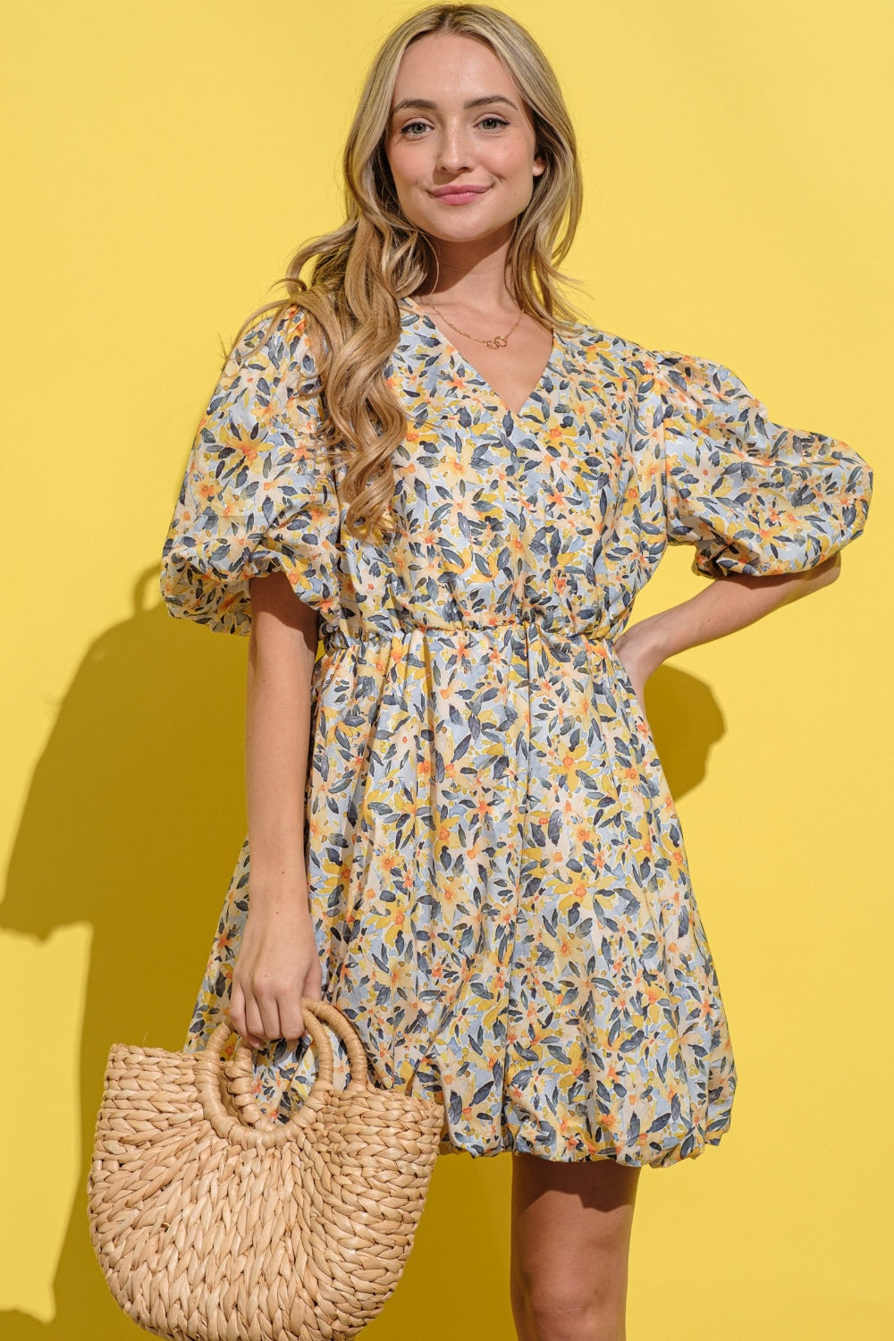 Locked In Puff Sleeve Dress- Yellow Multi