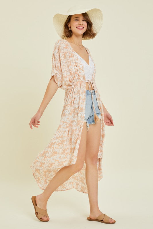 Tropical Print Gauze Kimono with Elastic Waist Tie in MilkTea