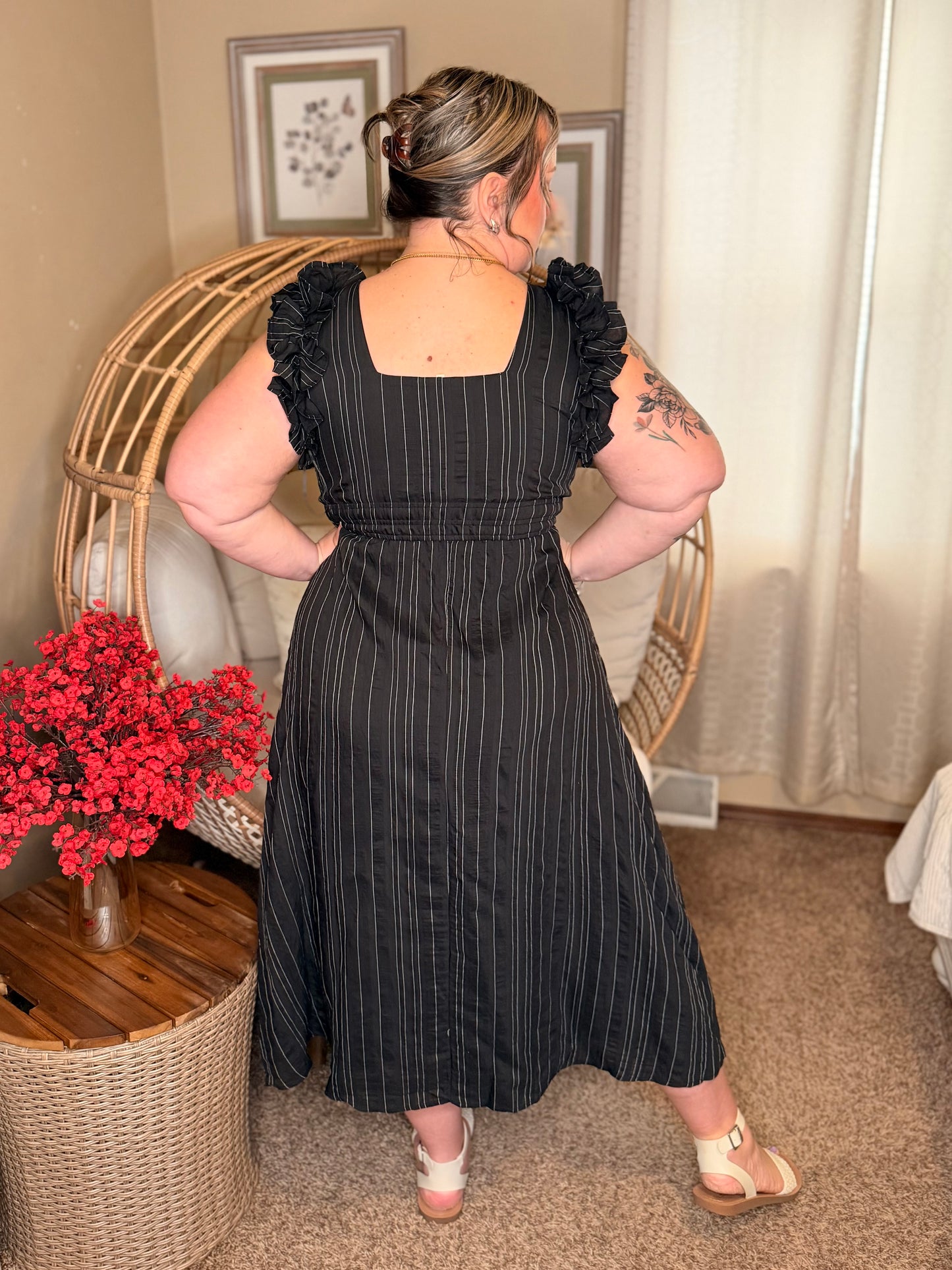 Pinstripe Romance V-Neck Ruffle Sleeve Dress in Black