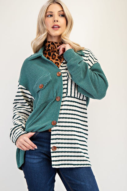 The Drop-Shoulder Stripes Shacket- Turquoise