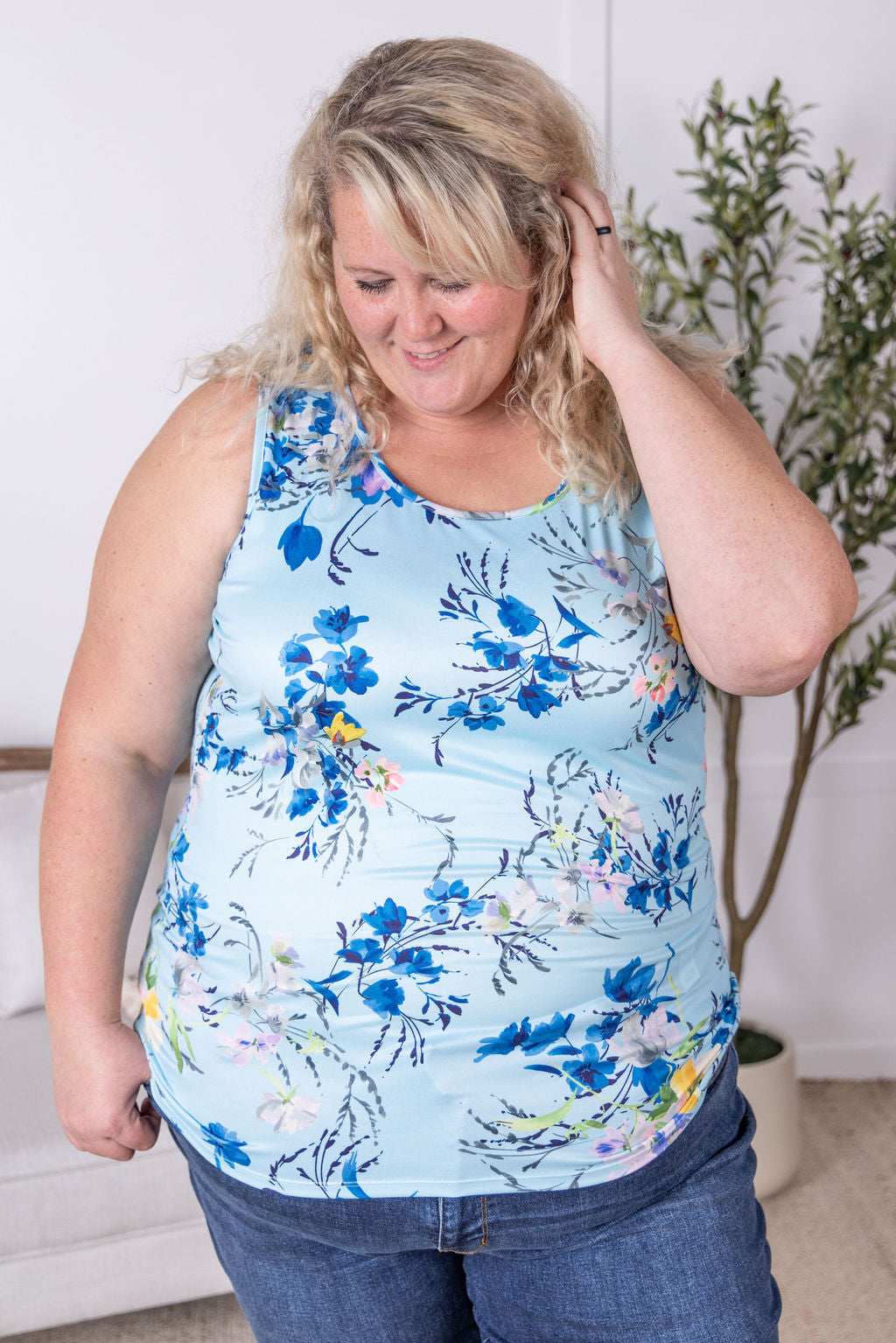 Michelle Mae Luxe Crew Tank - Light Blue Floral Bliss