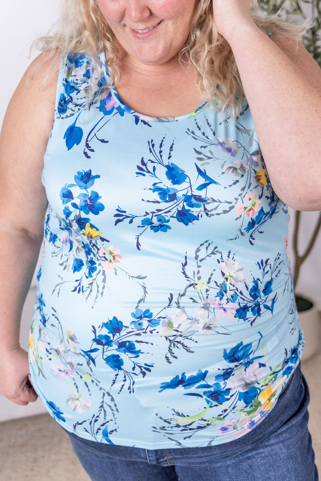 Michelle Mae Luxe Crew Tank - Light Blue Floral Bliss