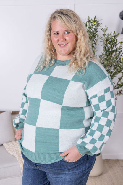 Michelle Mae Checkered Pullover Sweater - Dusty Jade
