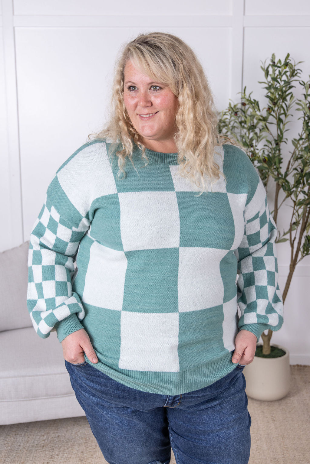 Michelle Mae Checkered Pullover Sweater - Dusty Jade