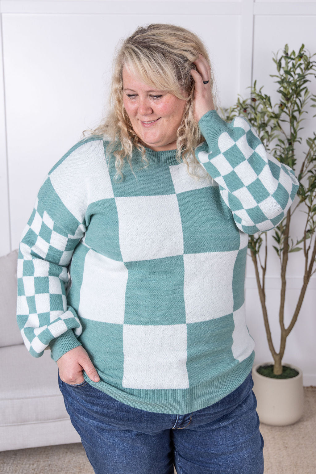 Michelle Mae Checkered Pullover Sweater - Dusty Jade