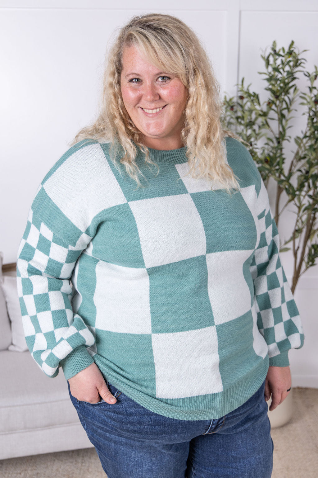 Michelle Mae Checkered Pullover Sweater - Dusty Jade