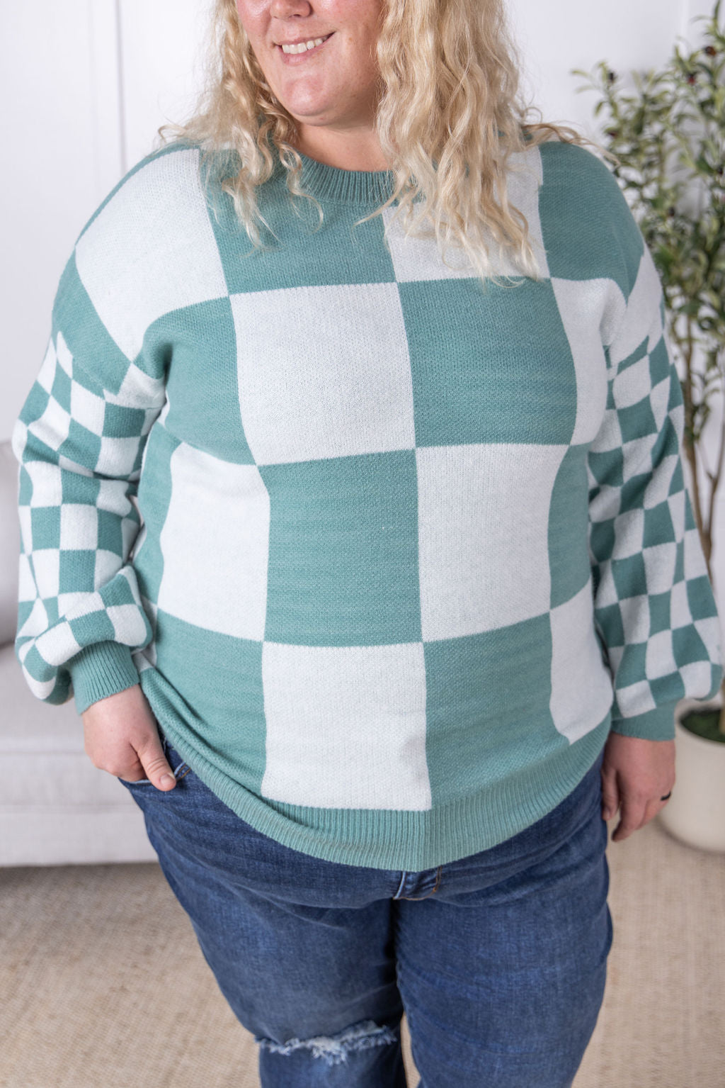 Michelle Mae Checkered Pullover Sweater - Dusty Jade