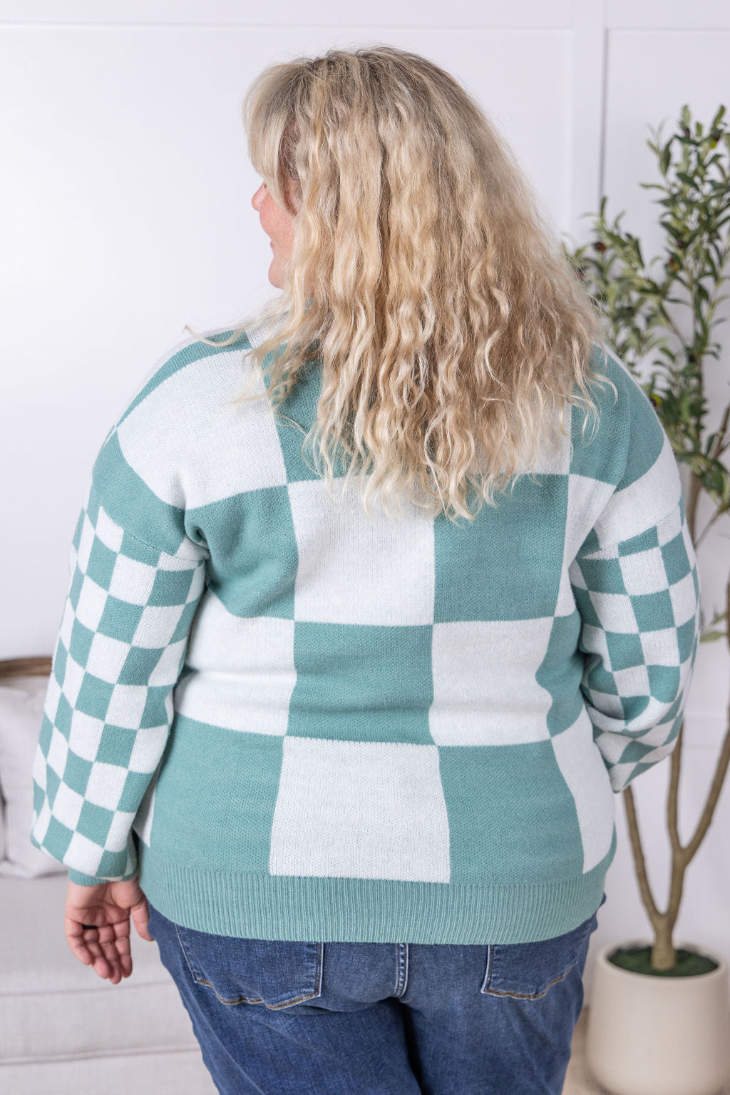 Michelle Mae Checkered Pullover Sweater - Dusty Jade