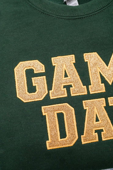 PREORDER: Embroidered Glitter Game Day Sweatshirt in Forest Green/Old Gold