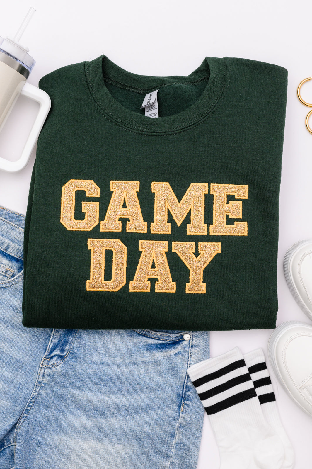 PREORDER: Embroidered Glitter Game Day Sweatshirt in Forest Green/Old Gold