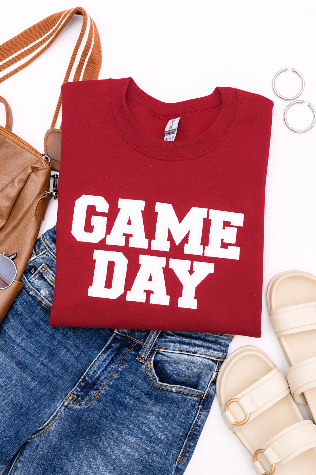 PREORDER: Embroidered Glitter Game Day Sweatshirt in Crimson/White