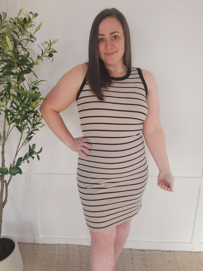 Michelle Mae Mariah Ribbed Dress - Mocha Stripes