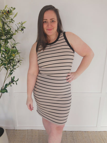 Michelle Mae Mariah Ribbed Dress - Mocha Stripes