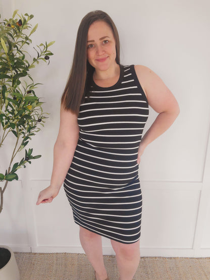 Michelle Mae Mariah Ribbed Dress - Black Stripes