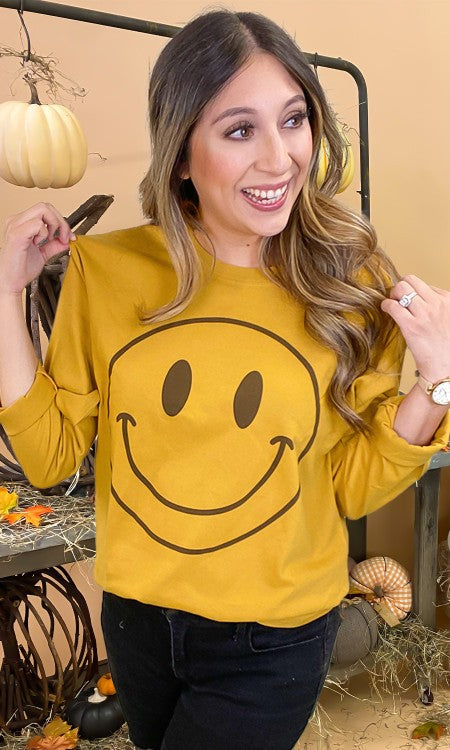 Fall Smiley Graphic Boyfriend Long Sleeve T-Shirt Mommy & Me