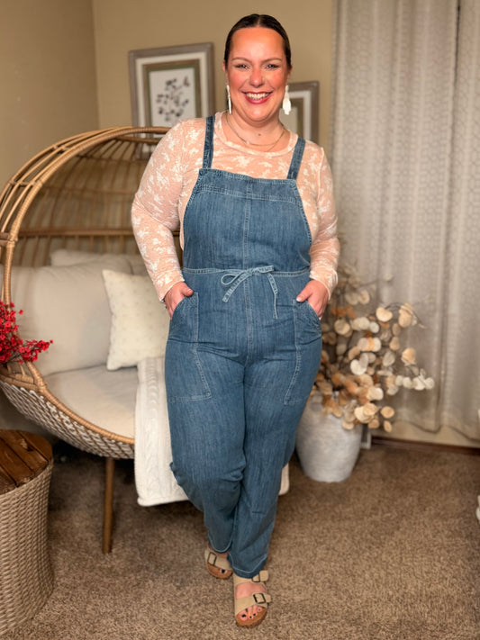 Too Cute to Compute Waist Tie Overalls in Dark Blue