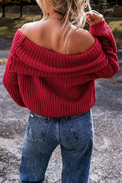 Racing Red Off-Shoulder Ribbed Sweater