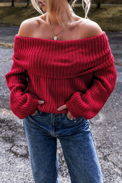 Racing Red Off-Shoulder Ribbed Sweater