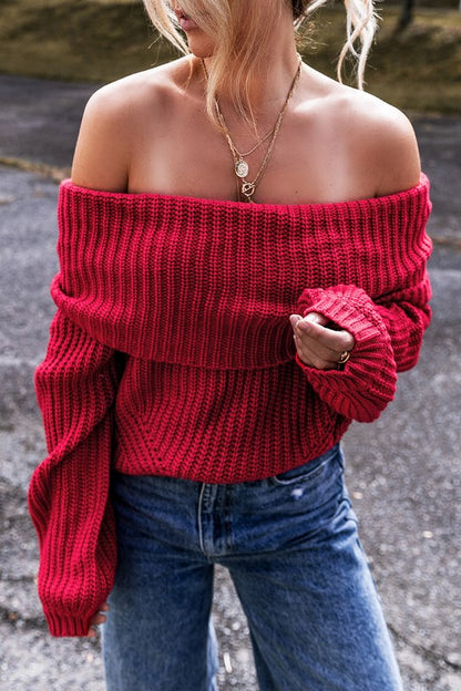 Racing Red Off-Shoulder Ribbed Sweater