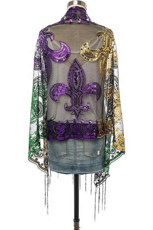 Mardi Gras Color Fleur De Lis Sequin Shawl Scarf