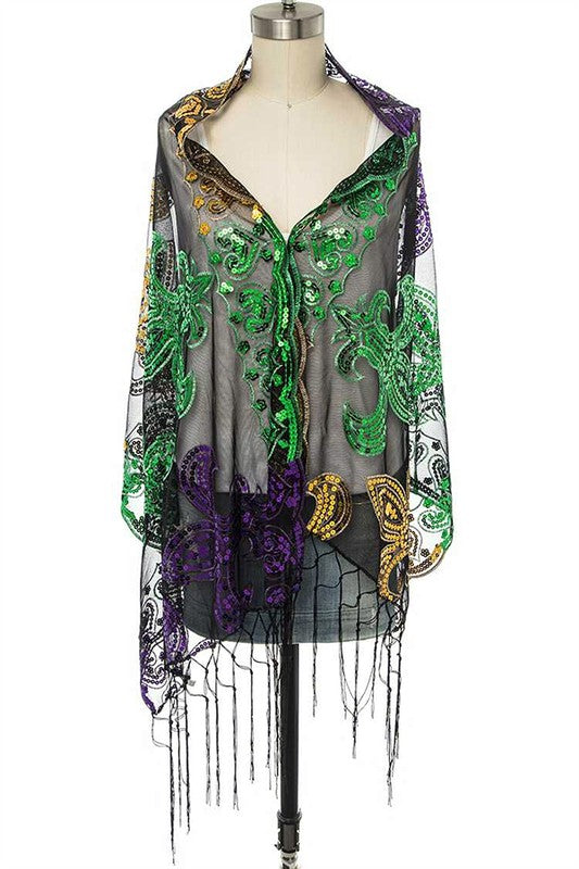 Mardi Gras Color Fleur De Lis Sequin Shawl Scarf