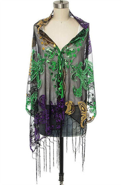 Mardi Gras Color Fleur De Lis Sequin Shawl Scarf