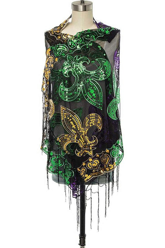 Mardi Gras Color Fleur De Lis Sequin Shawl Scarf