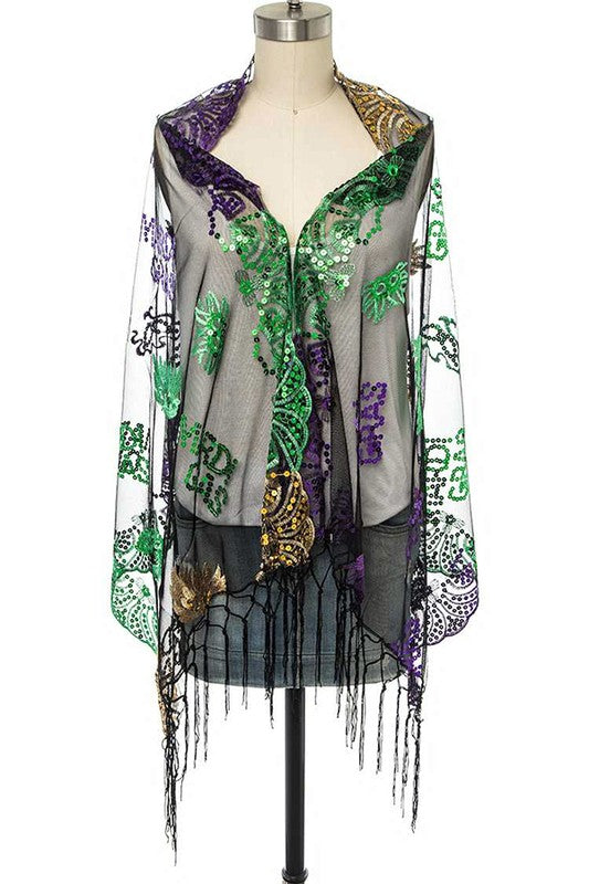 Mardi Gras Fleur De Lis Sequin Shawl Scarf