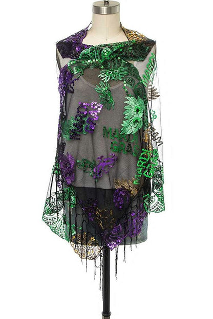 Mardi Gras Fleur De Lis Sequin Shawl Scarf