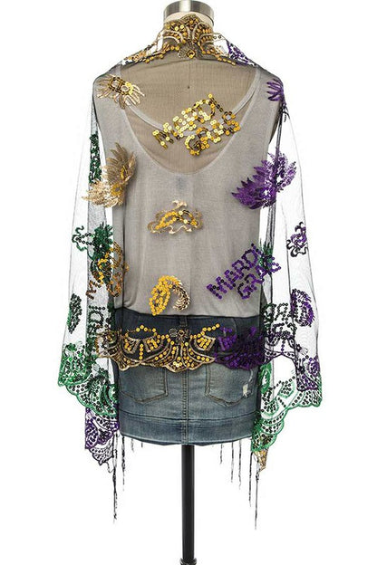 Mardi Gras Fleur De Lis Sequin Shawl Scarf