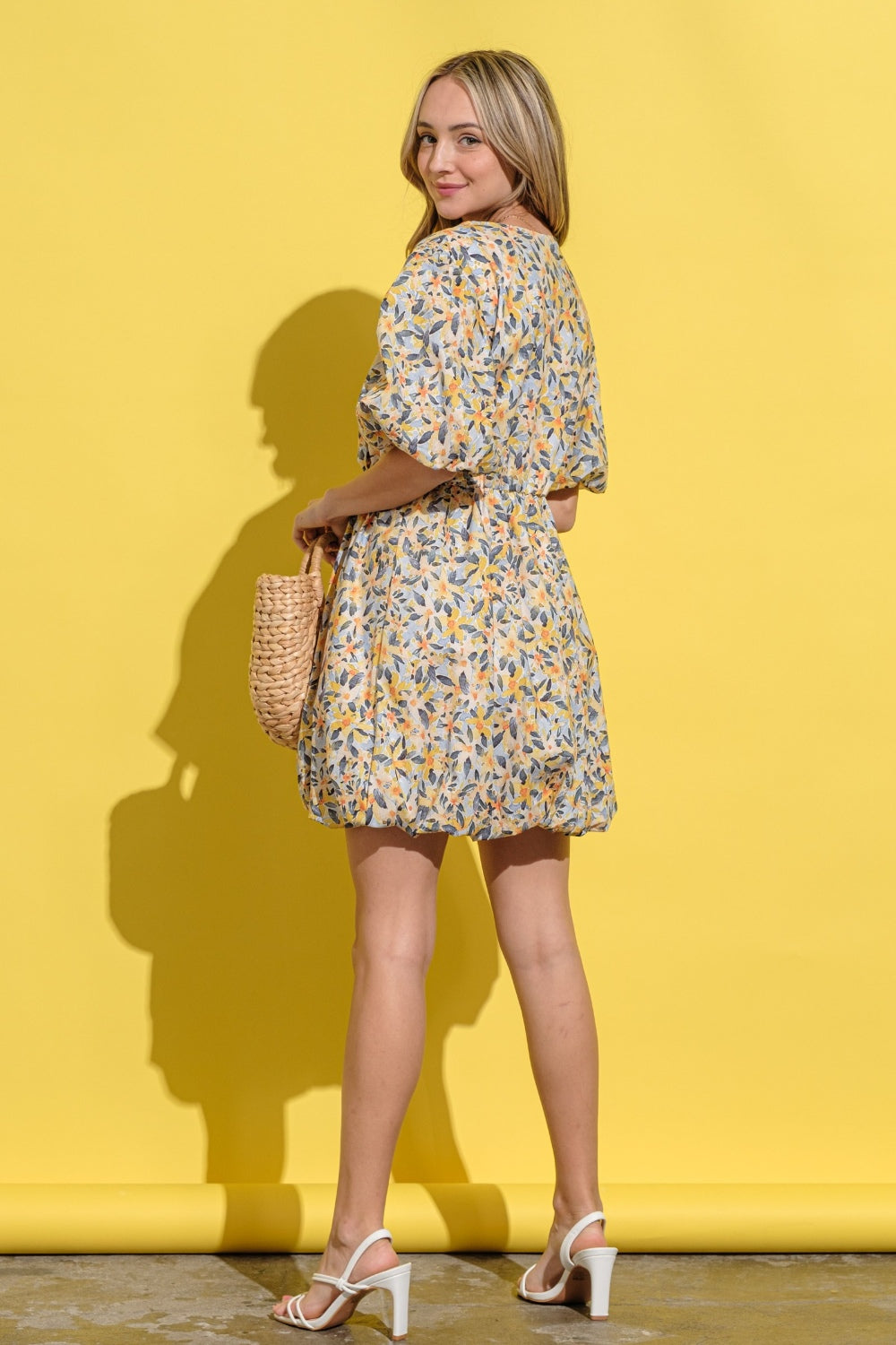 Locked In Puff Sleeve Dress- Yellow Multi