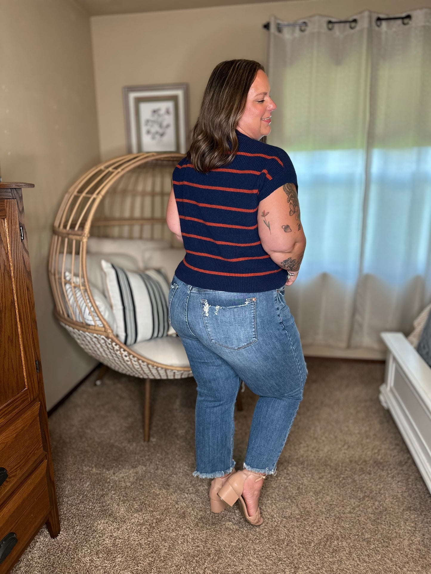 Michelle Mae Striped Sweater Top - Navy