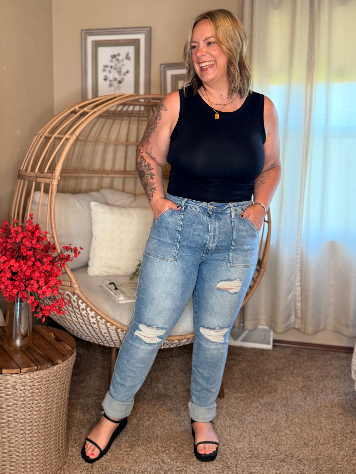 Aiden High Rise Patch Pocket Distressed Boyfriend Jeans