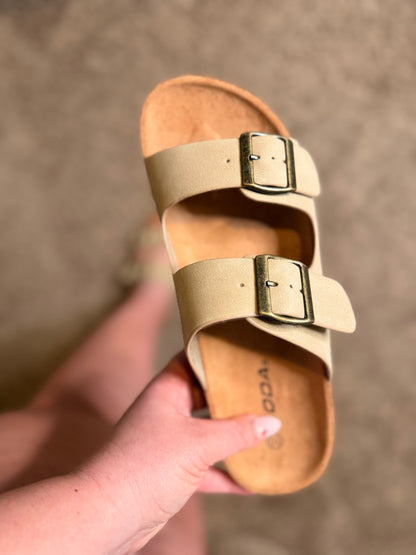 Jete Nubuck Double Buckle Slides in Light Taupe