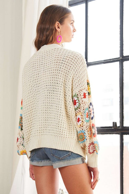 Boho-Chic Crochet Open Front Cardigan in Ivory