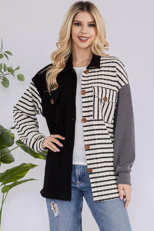 The Drop-Shoulder Stripes Shacket- Black