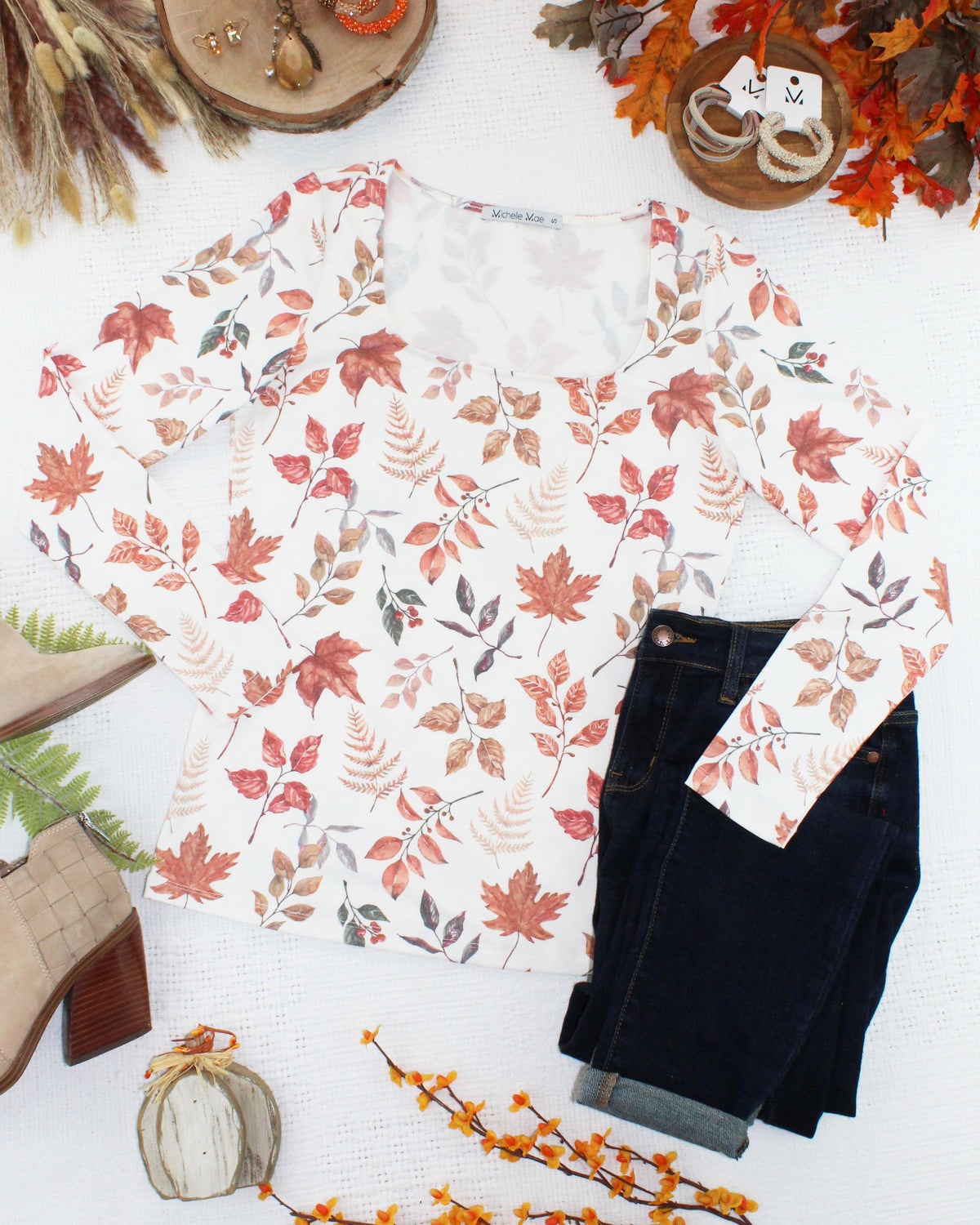 Michelle Mae Alyssa Long Sleeve Top - Harvest Leaves